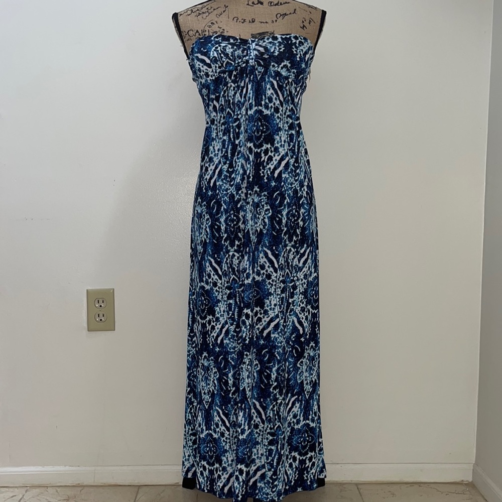 Strapless Blue Patterned Maxi Dress